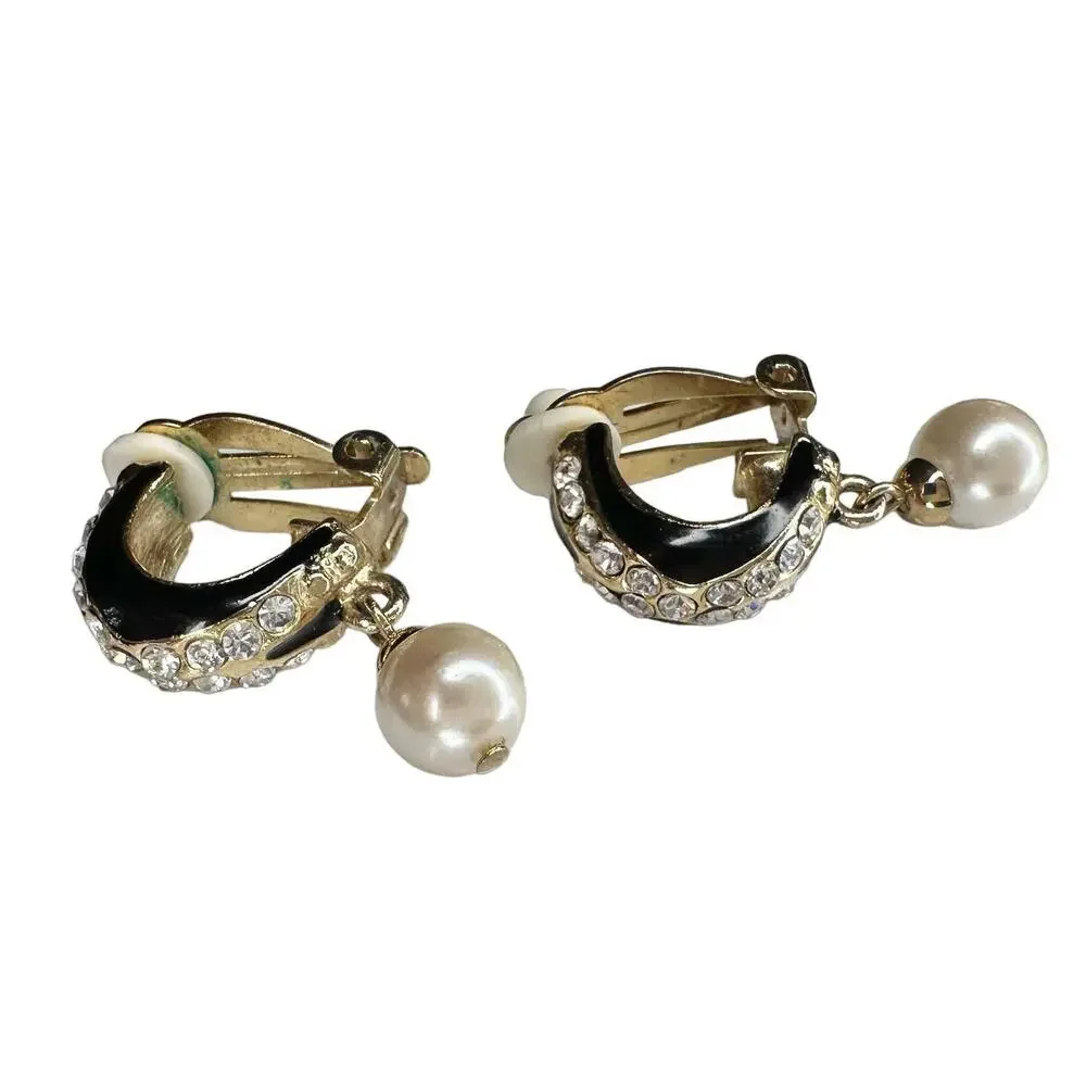 Vintage goldtone, black enamel, rhinestones, and faux pearl clip-on earrings